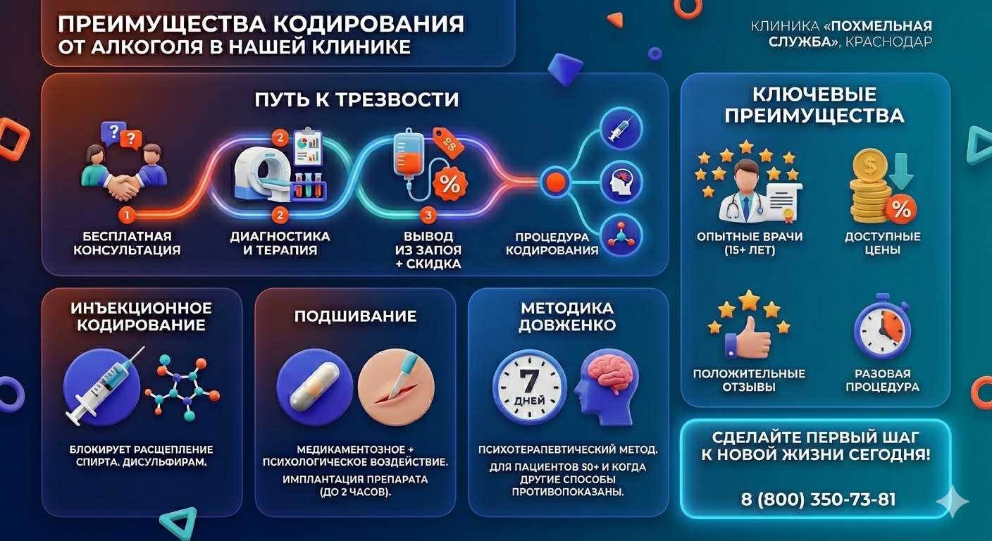 Инфографика о методах кодирования от алкоголя в Зеленодольске: инъекции, подшивание, метод Довженко. Преимущества клиники и этапы лечения.